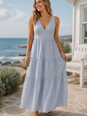 Taylor Blue Tiered Maxi Dress Textured Stripe V Neck Coastal Cottage 14